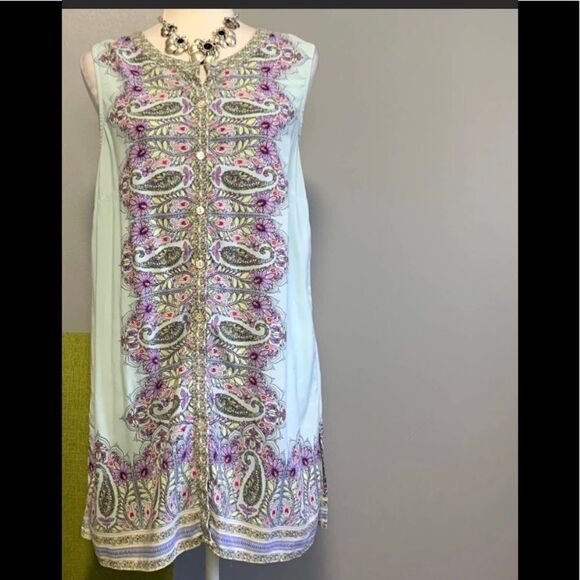 Sleeveless Tunic  Front Blue Purple FloralPaisley - Picture 1 of 12